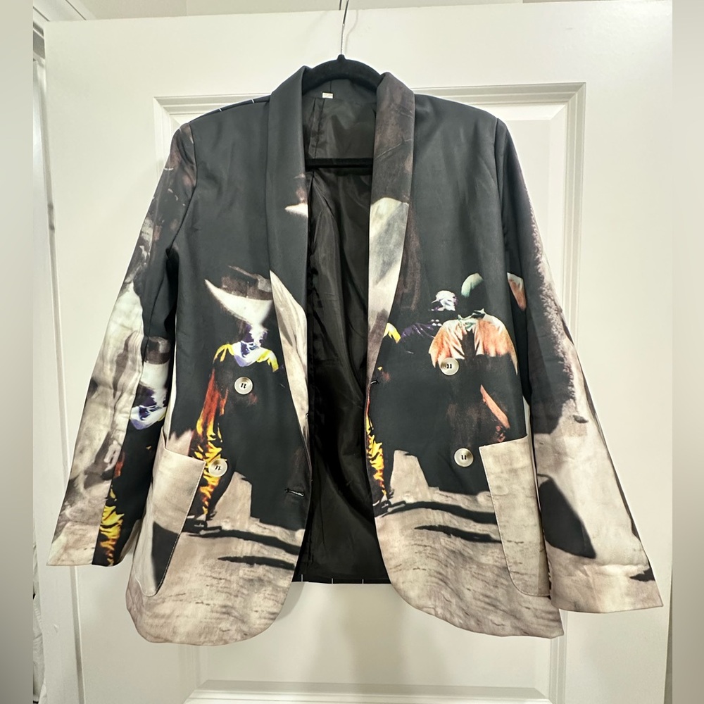 Graphic Print Black Blazer with Equestrian Motif